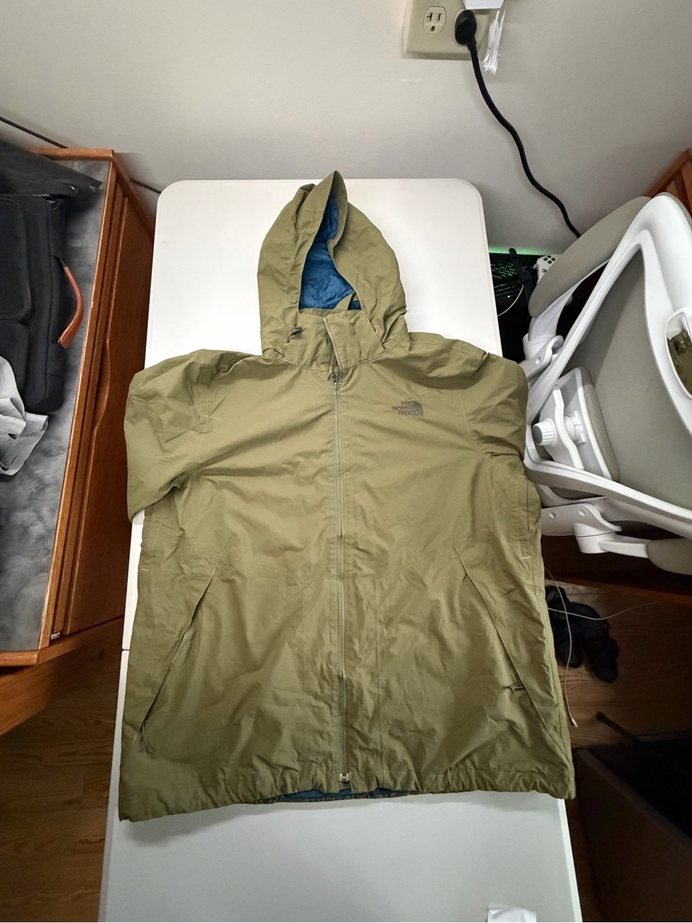 The North Face Men's Hooded Raincoat in Olive Green with Blue Lining